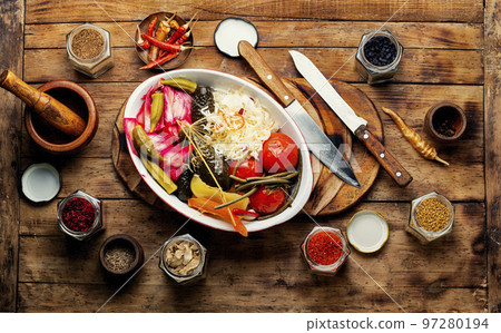 Delicious homemade pickles, marinated vegetables 97280194