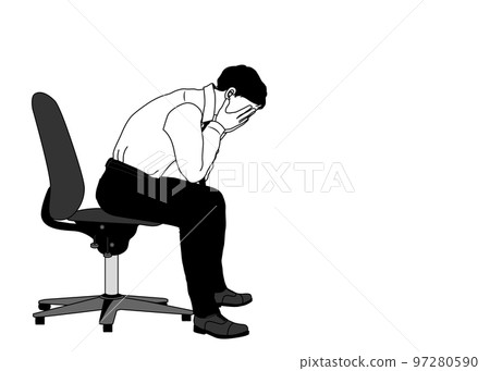 一個沮喪的男人坐在椅子上，一個憂心忡忡的上班族側身看的插圖。 97280590