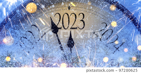 Countdown to midnight. Retro style clock counting last moments before Christmas or New Year 2023 97280625