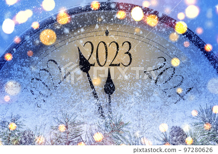 Countdown to midnight. Retro style clock counting last moments before Christmas or New Year 2023 97280626