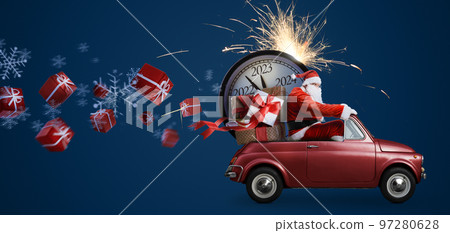 Christmas is coming. Santa Claus on toy car delivering New Year 2023 gifts and countdown clock at blue background with fireworks Christmas is coming. Santa Claus on toy car delivering New Year 2023 gifts and countdown clock at blue background with fireworks 97280628