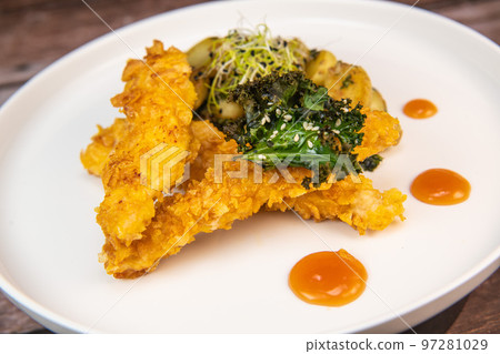 Recipe for Breaded Chicken Tenders and Potatoes with Sesame Kale Chips and Sweet and Sour Sauce 97281029