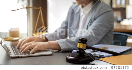 lawyer working at table at home office in the morning. lawyer working at table at home office in the morning. 97281173