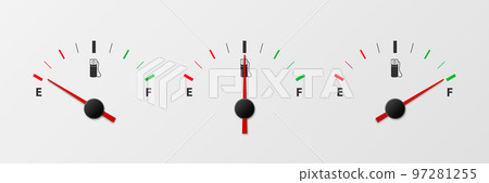 Vector 3d Realistic Gas Fuel Tank Gauge, Oil Level Bar Set. Full and Empty. Display Board, Fuel Gauge Panel, Car Dashboard Details. Fuel Indicator, Gas Meter, Sensor. Design Template 97281255