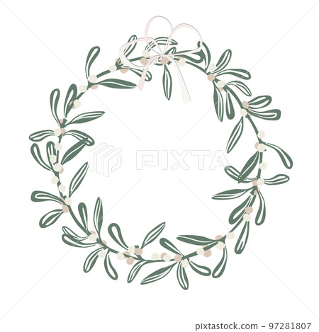 Christmas wreath with mistletoe branches and ribbon bow. Vector illustration in cartoon flat style.. 97281807