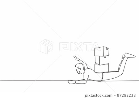 Single continuous line drawing depressed businessman under heavy pile of box burden. Overworked man with stacks of cardboard. Stress at work. Bureaucracy. One line graphic design vector illustration Single continuous line drawing depressed businessman under heavy pile of box burden. Overworked man with stacks of cardboard. Stress at work. Bureaucracy. One line graphic design vector illustration 97282238