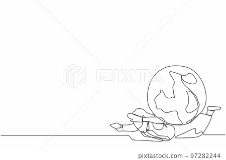 Single one line drawing unhappy businesswoman under heavy globe burden. Natural resources, earth exploitation, industrial pollution. World economic crisis. Continuous line design vector illustration Single one line drawing unhappy businesswoman under heavy globe burden. Natural resources, earth exploitation, industrial pollution. World economic crisis. Continuous line design vector illustration 97282244