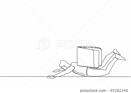 Single one line drawing depressed businessman under heavy wallet burden. Tired hard working office employee. Financial and economic crisis concept. Continuous line design graphic vector illustration 97282248