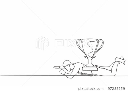 Continuous one line drawing depressed businessman under heavy trophy burden. Young male worker fail to achieve goals. Delayed career path at office. Single line draw design vector graphic illustration Continuous one line drawing depressed businessman under heavy trophy burden. Young male worker fail to achieve goals. Delayed career path at office. Single line draw design vector graphic illustration 97282259