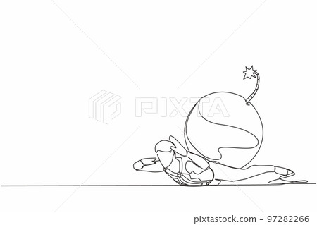 Single one line drawing depressed businessman under heavy bomb burden. Office employee stress due to debt explosion. Financial crisis problem. Continuous line draw design graphic vector illustration 97282266