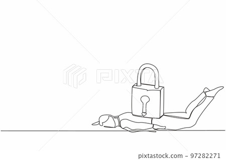 Single one line drawing depressed businessman under heavy lock pad burden. Business closing down or bankruptcy in Covid-19 pandemic lockdown crisis. Continuous line design graphic vector illustration Single one line drawing depressed businessman under heavy lock pad burden. Business closing down or bankruptcy in Covid-19 pandemic lockdown crisis. Continuous line design graphic vector illustration 97282271