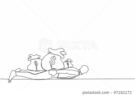 Continuous one line drawing of depressed businessman under heavy money bag burden. Finance crisis money fall down. Economic crash due to pandemic. Single line draw design vector graphic illustration Continuous one line drawing of depressed businessman under heavy money bag burden. Finance crisis money fall down. Economic crash due to pandemic. Single line draw design vector graphic illustration 97282272