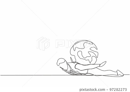 Single one line drawing depressed businessman under heavy globe burden. Climate change and global warming responsibility, world leader commitment to take care our planet. Continuous line design vector Single one line drawing depressed businessman under heavy globe burden. Climate change and global warming responsibility, world leader commitment to take care our planet. Continuous line design vector 97282273