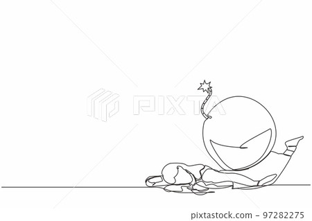 Single one line drawing unhappy businesswoman under heavy bomb burden. Entrepreneur stress due to debt explosion. World economic crisis problem. Continuous line draw design vector graphic illustration 97282275