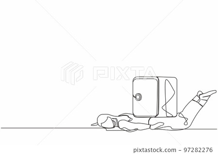Single one line drawing unhappy businesswoman under heavy safe deposit box burden. Money loss in Coronavirus COVID-19 crisis, entrepreneur with debt and bankruptcy. Continuous line draw design vector Single one line drawing unhappy businesswoman under heavy safe deposit box burden. Money loss in Coronavirus COVID-19 crisis, entrepreneur with debt and bankruptcy. Continuous line draw design vector 97282276