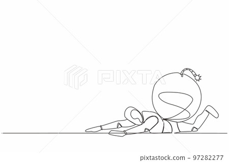 Single continuous line drawing stress robot under heavy bomb burden. Robot in debt explosion. Financial crisis problem. Future technology development. One line draw graphic design vector illustration Single continuous line drawing stress robot under heavy bomb burden. Robot in debt explosion. Financial crisis problem. Future technology development. One line draw graphic design vector illustration 97282277