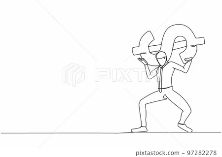 Single one line drawing exhausted businessman carrying heavy dollar symbol on his back. Overworked worker with debt pressure. Financial crisis problem. Continuous line draw design vector illustration Single one line drawing exhausted businessman carrying heavy dollar symbol on his back. Overworked worker with debt pressure. Financial crisis problem. Continuous line draw design vector illustration 97282278