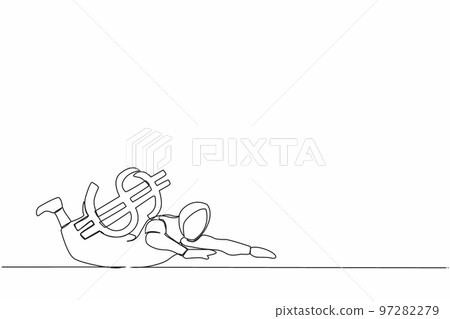 Single one line drawing Arab businesswoman under heavy dollar symbol burden. Overworked or overloaded worker due to economic crisis, debt pressure. Continuous line design graphic vector illustration Single one line drawing Arab businesswoman under heavy dollar symbol burden. Overworked or overloaded worker due to economic crisis, debt pressure. Continuous line design graphic vector illustration 97282279