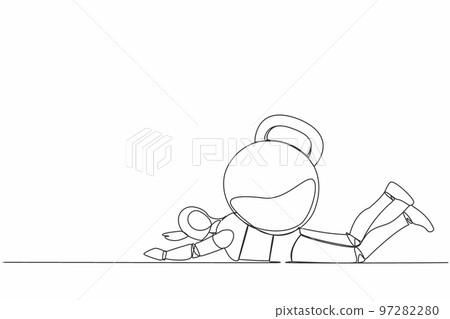 Single continuous line drawing stressed robot under heavy kettlebell burden. Financial crisis and credit payment. Technology development. Artificial intelligence. One line design vector illustration Single continuous line drawing stressed robot under heavy kettlebell burden. Financial crisis and credit payment. Technology development. Artificial intelligence. One line design vector illustration 97282280