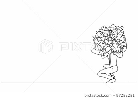 Single continuous line drawing exhausted businessman carrying heavy messy line on his back. Anxiety from work difficulty and overload, problem in economic crisis. One line design vector illustration Single continuous line drawing exhausted businessman carrying heavy messy line on his back. Anxiety from work difficulty and overload, problem in economic crisis. One line design vector illustration 97282281