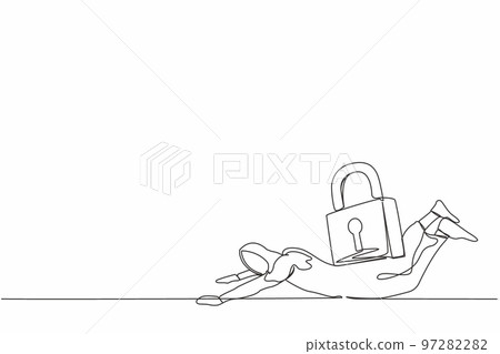 Single continuous line drawing Arabian businesswoman under heavy keypad burden. Unemployment and debt problem or bankruptcy concept, depressed dying worker. One line graphic design vector illustration Single continuous line drawing Arabian businesswoman under heavy keypad burden. Unemployment and debt problem or bankruptcy concept, depressed dying worker. One line graphic design vector illustration 97282282
