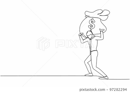 Single one line drawing exhausted businessman carrying heavy money bag on his back. Stressed worker difficult to making money. Financial crisis in pandemic. Continuous line design vector illustration 97282294