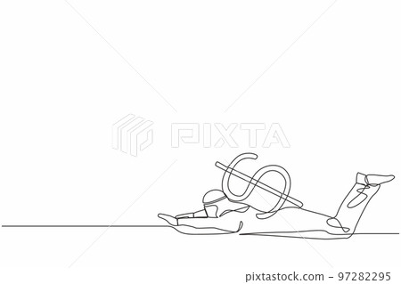 Continuous one line drawing Arabian businessman under heavy dollar symbol burden. Overworked or overloaded worker due to economic crisis, debt pressure. Single line design vector graphic illustration 97282295