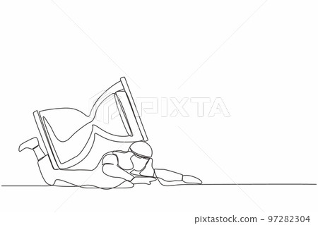 Single one line drawing of Arabian businessman under heavy hourglass burden. Office employee with deadline problem. Schedule of business tasks. Continuous line draw design graphic vector illustration Single one line drawing of Arabian businessman under heavy hourglass burden. Office employee with deadline problem. Schedule of business tasks. Continuous line draw design graphic vector illustration 97282304