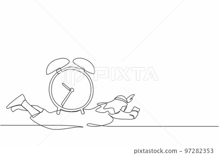 Continuous one line drawing of Arabian businessman under heavy alarm clock burden. Stressed employee with work pressure or business project target. Single line draw design vector graphic illustration Continuous one line drawing of Arabian businessman under heavy alarm clock burden. Stressed employee with work pressure or business project target. Single line draw design vector graphic illustration 97282353