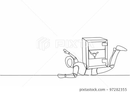 Single one line drawing stressed robot under heavy safe deposit box burden. Impact in pandemic crisis, bankruptcy at tech industry. Robotic artificial intelligence. Continuous line draw design vector 97282355