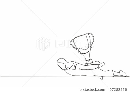 Continuous one line drawing Arabian businesswoman under heavy trophy burden. Office worker failed to win competition or business goals achievement. Single line draw design vector graphic illustration 97282356