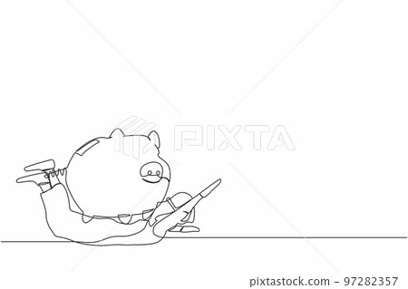 Single continuous line drawing Arab businessman under heavy piggy bank burden. Broke and financial problems concept. Searching money in crisis. Dynamic one line draw graphic design vector illustration 97282357