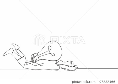 Single continuous line drawing Arab businessman under heavy light bulb burden. Uninspired or no idea after business failure, burnout or exhausted from crisis. One line draw design vector illustration 97282366