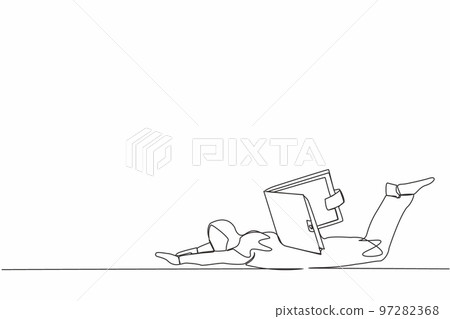 Single one line drawing Arabian businesswoman under heavy wallet burden. Stressed worker feeling bankrupt, no money. Financial crisis due to pandemic. Continuous line draw design vector illustration Single one line drawing Arabian businesswoman under heavy wallet burden. Stressed worker feeling bankrupt, no money. Financial crisis due to pandemic. Continuous line draw design vector illustration 97282368
