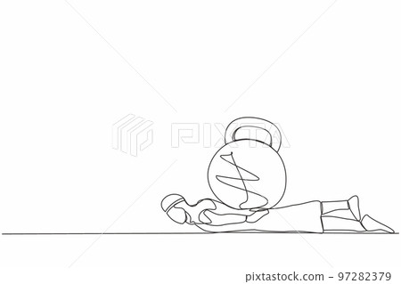 Single continuous line drawing Arab businessman under heavy kettlebell burden. Financial crisis and credit payment. Business, mental stress, bankruptcy, debt. One line draw design vector illustration Single continuous line drawing Arab businessman under heavy kettlebell burden. Financial crisis and credit payment. Business, mental stress, bankruptcy, debt. One line draw design vector illustration 97282379