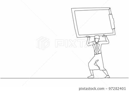 Continuous one line drawing of frustrated businesswoman carrying clipboard on her back. Busy work with checklist document, overworked due to overload tasks. Single line draw design vector illustration 97282401