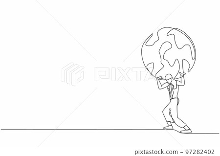 Single one line drawing of frustrated businesswoman carrying globe on her back. Industrial pollution, natural resources, earth exploitation. Economic crisis. Continuous line design vector illustration Single one line drawing of frustrated businesswoman carrying globe on her back. Industrial pollution, natural resources, earth exploitation. Economic crisis. Continuous line design vector illustration 97282402
