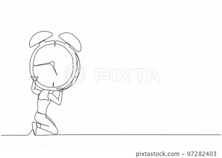 Single continuous line drawing frustrated businesswoman carrying heavy alarm clock on her back. Stressed employee with work pressure or business goal project. One line draw design vector illustration Single continuous line drawing frustrated businesswoman carrying heavy alarm clock on her back. Stressed employee with work pressure or business goal project. One line draw design vector illustration 97282403