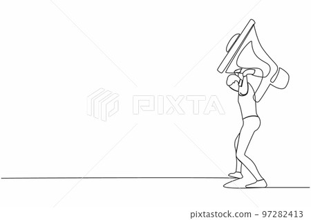 Continuous one line drawing exhausted businessman carrying heavy megaphone on his back. Troubles in communication. Bullying, harassment at work, families. Single line draw design vector illustration Continuous one line drawing exhausted businessman carrying heavy megaphone on his back. Troubles in communication. Bullying, harassment at work, families. Single line draw design vector illustration 97282413