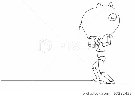Continuous one line drawing tired robot carrying heavy piggy bank on his back. Broke and financial problems in tech industry. Future robotic development. Single line design vector graphic illustration 97282435