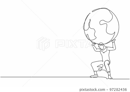 Single continuous line drawing Arab businesswoman carrying heavy globe on her back. Global warming responsibility, world leader commitment to take care our planet. One line design vector illustration 97282436