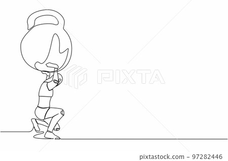 Single continuous line drawing tired robot carrying heavy kettlebell on his back. Financial crisis and credit payment. Technology artificial intelligence. One line graphic design vector illustration 97282446