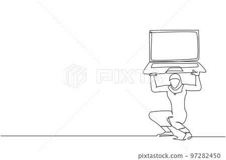 Continuous one line drawing Arabian businesswoman carrying heavy laptop computer on her back. Tired or burnout employee fatigue from work. Boring office worker. Single line design vector illustration 97282450