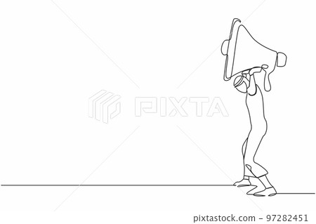 Continuous one line drawing Arabian businessman carrying heavy megaphone on his back. Troubles in communication. Bullying, harassment at work, families. Single line design vector graphic illustration 97282451