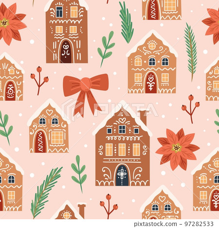Gingerbread houses christmas pattern. Cute vector illustration in flat cartoon style 97282533