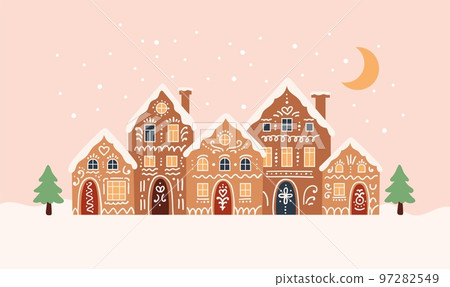 Gingerbread houses christmas scene. Cute vector illustration in flat cartoon style 97282549