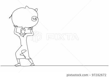 Single one line drawing Arab businesswoman carrying heavy piggy bank on her back. Broke or financial problem due to pandemic. Searching money in crisis. Continuous line draw design vector illustration 97282672