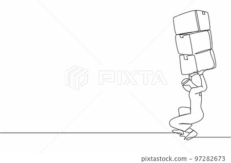 Single continuous line drawing Arabian businessman carrying heavy pile of boxes on his back. Stress at work. Bureaucracy, paperwork, big data concept. One line draw graphic design vector illustration 97282673