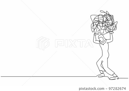 Continuous one line drawing Arab businesswoman carrying heavy messy line on her back. Stress burden, anxiety from work difficulty, economic crisis problem. Single line draw design vector illustration 97282674