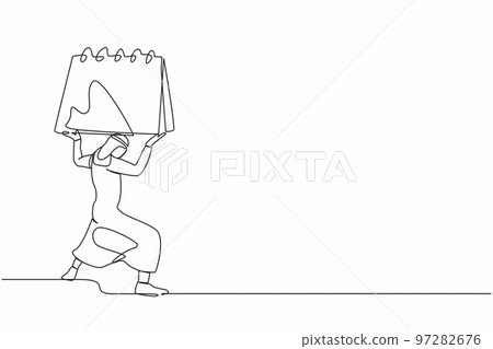 Single one line drawing Arab businessman carrying heavy calendar on his back. Burnout syndrome. Stress at work, emotional exhaustion, feeling drained. Continuous line draw design vector illustration 97282676